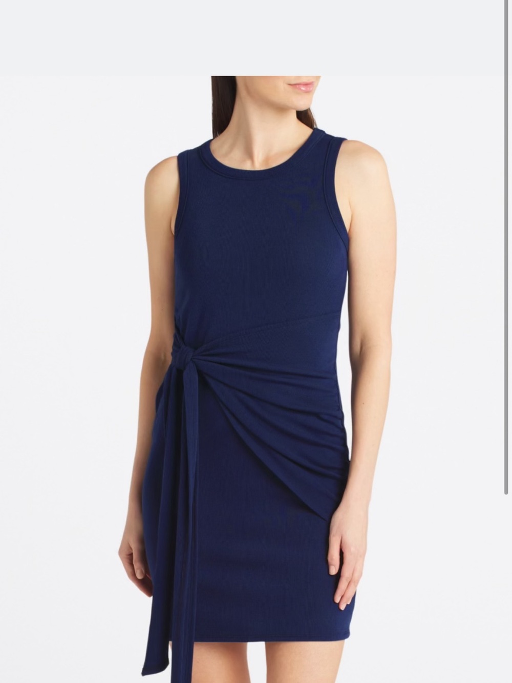 Sleeveless Navy Tie-Waist Sheath Dress